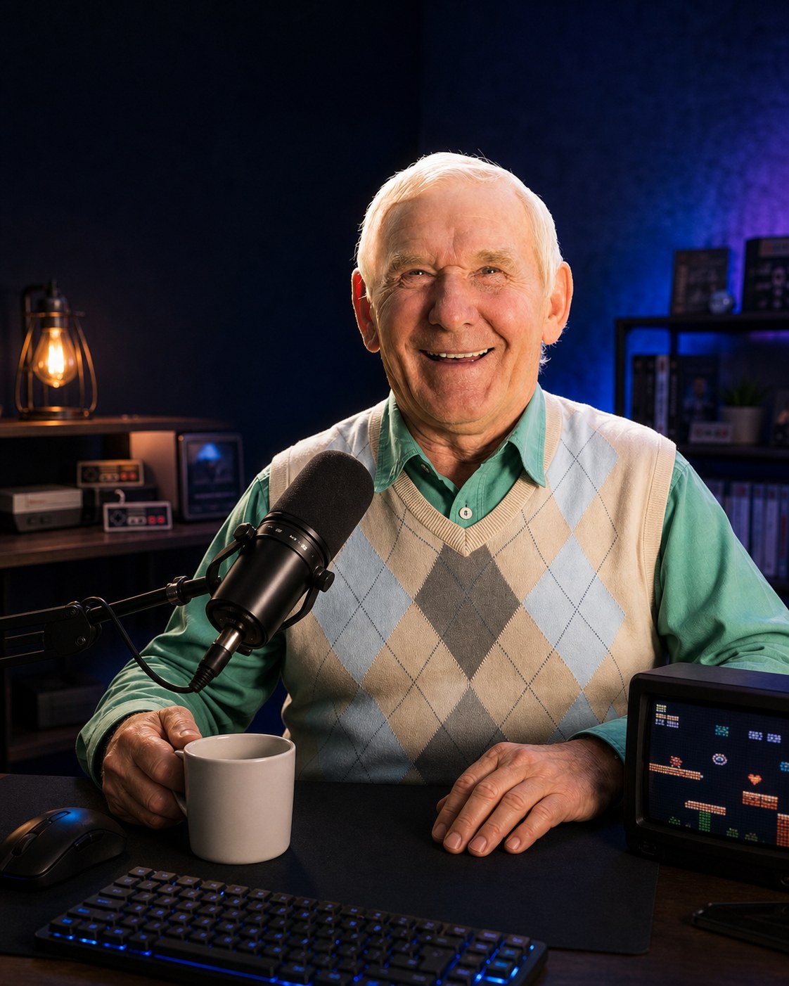 Lachender Rentner am Streaming-Schreibtisch mit Mikrofon, Kaffee und Retro-Technik